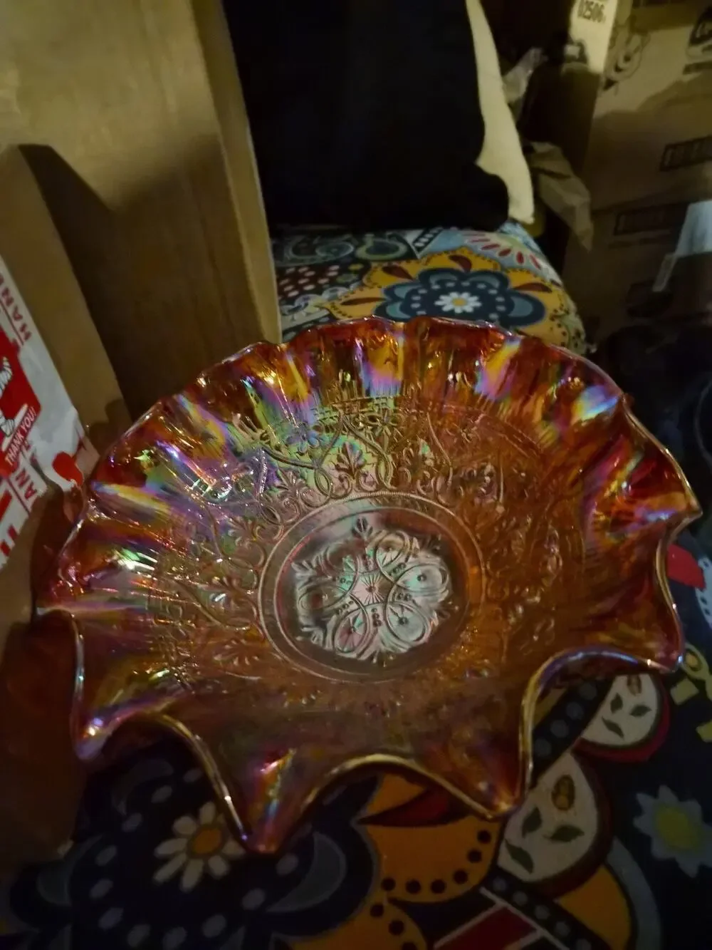 Vintage Fenton Carnival Glass Bowl With A Vibrant orange Iridescence finish